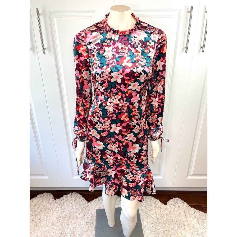 Bcbgeneration Velvet Floral Mock Neck Mini Dress with Ruffles NWOT